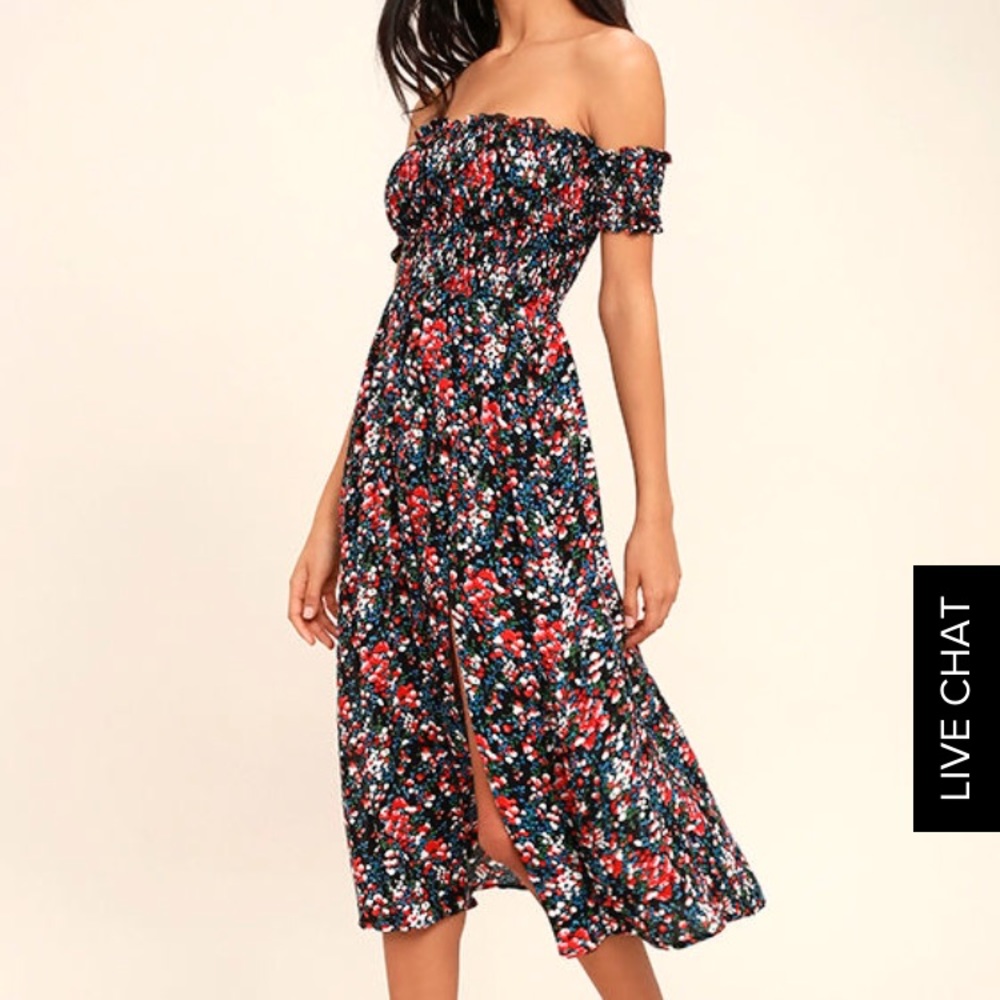 Black floral print off-the-shoulder dress